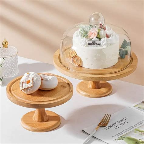 Jual Tempat Kue Round Wooden Cake Stand Bamboo With Glass Dome Cover