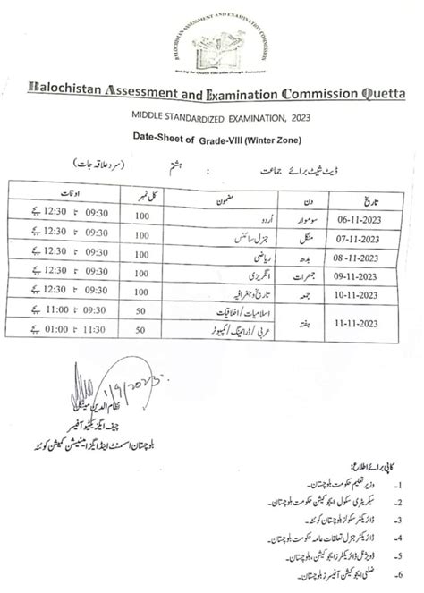 Balochistan Assessment And Examination Commission Date Sheet 2025 Baec