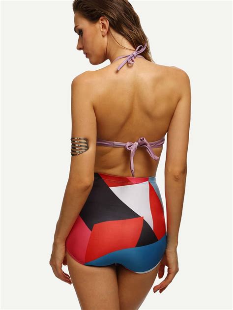 Multicolor Halter Neck High Waist Bikini Set Shein Sheinside