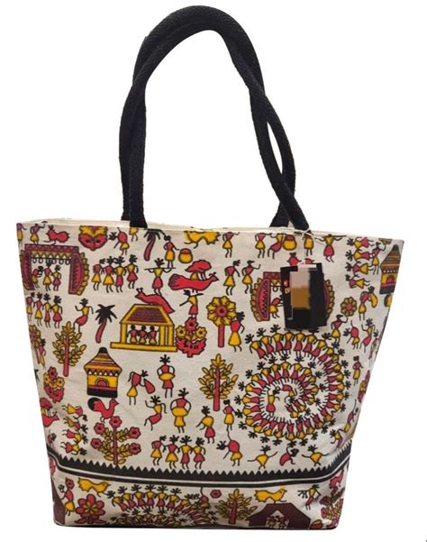 White Base Cotton Kalamkari Printed Office Jute Bag Size Dimension