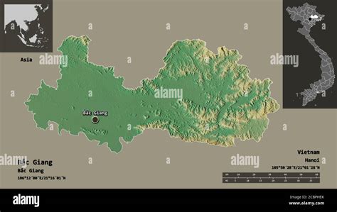 Shape of Bắc Giang, province of Vietnam, and its capital. Distance scale, previews and labels ...