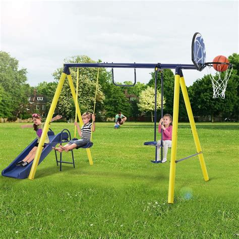 5 in 1 Outdoor Toddler Swing Set, Playground Steel Frame Swing Sets, Combo Swing Set w/ Slide ...