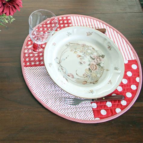 Quilted Round Placemats Red White Set of 2 Reversible Table | Etsy