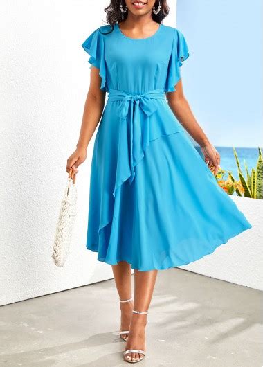 Rotita Asymmetry Sky Blue Belted Round Neck Dress Rotita Usd