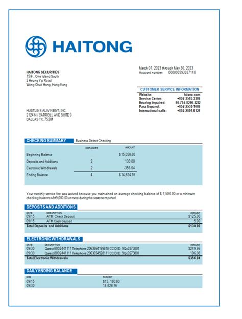 Haitong Securities Business Bank Statement Word And Pdf Template