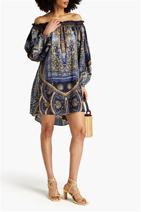 CAMILLA Off The Shoulder Printed Silk Crepe De Chine Mini Dress THE