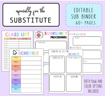 Editable Substitute Binder 60 Pages By Lunch Period Prep TPT