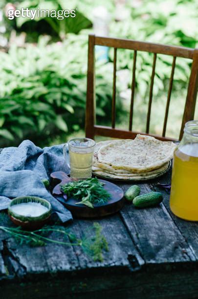 Johnny Cake With Cheese With Greens Lunch With Kvass And Tortillas