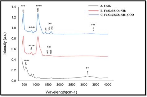 FT IR Spectra Of A Fe3O4 B Fe3O4 SiO2NH2 And C Fe3O4 SiO2 COO