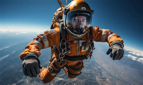 Premium Photo Man In Orange Space Suit Floating In Air