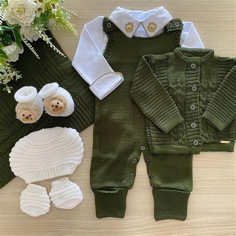 Saída Maternidade Menino Tricot Verde Militar Leão Completo