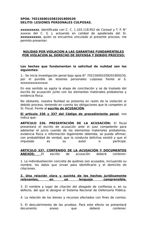 Nulidad Por Violacion Al Derecho De Defensa No Hay Hechos