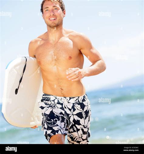 Handsome Man Surfer Fun On Summer Beach Bodyboarding Surfing Good