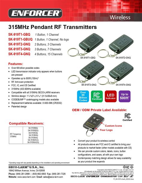 Seco Larm Sk T Gnq Enforcer Pendant Rf Transmitter W Button And