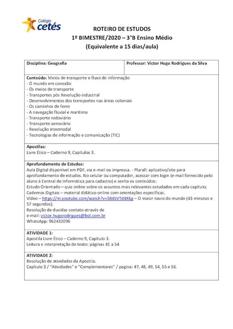 PDF ROTEIRO DE ESTUDOS 1º BIMESTRE 2020 3B Ensino Médio Aula