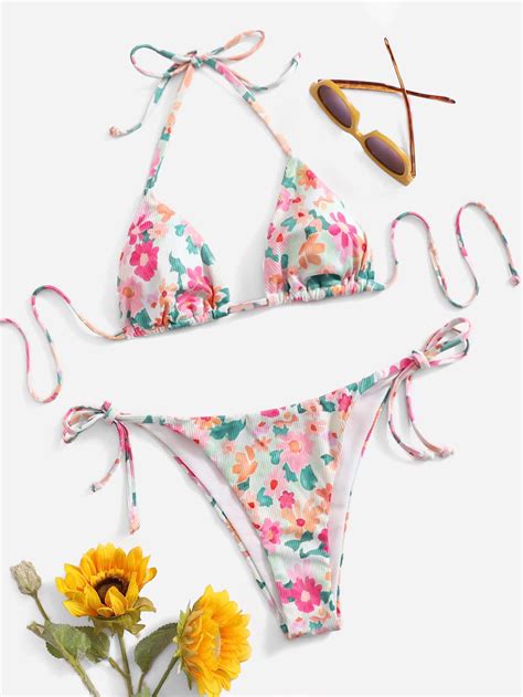 Shein Swim Mod Conjunto De Bikini Acanalado Floral Halter Triangle Bra