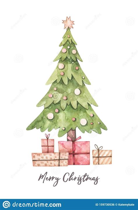 A Watercolor Christmas Tree With Presents Under It