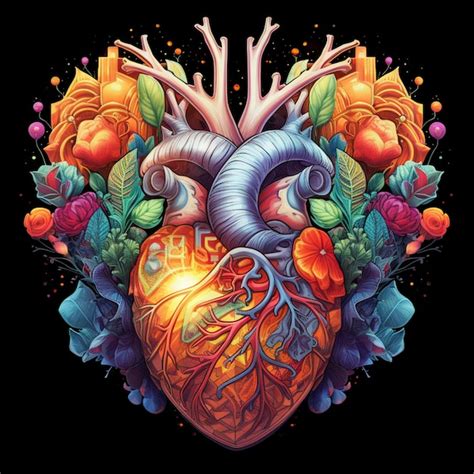 Illustration Of A Human Heart Surrounded By Flowers And Leaves