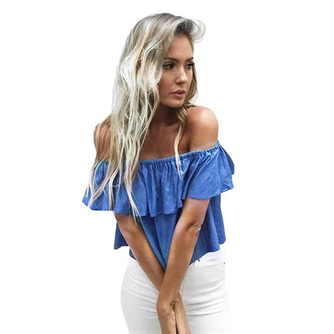 Off The Shoulder Blouse Sleeve Ruffle Jean Denim Shirt Women Cropped