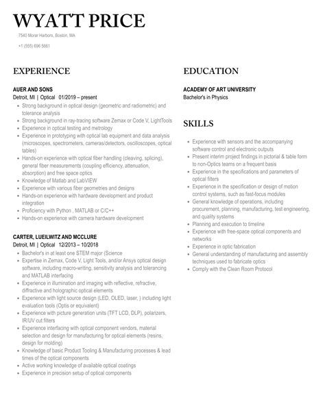 Optical Resume Samples Velvet Jobs