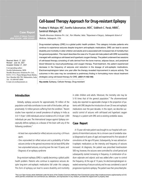 Pdf Cell Based Therapy Approach For Drug Resistant Epilepsy