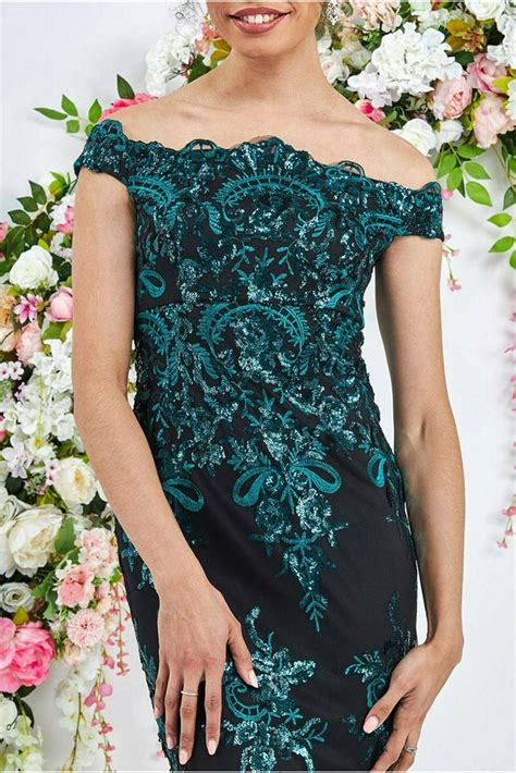 Goddiva Bardot Sequin Embroidered Maxi Dress Emerald