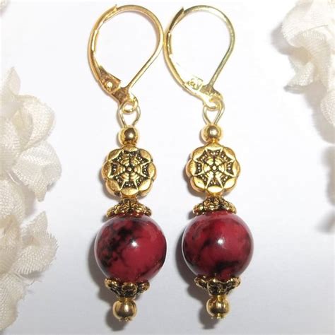 Wvluckygirl Jewelry Pretty Dangle Earring Red Gold Handmade Set