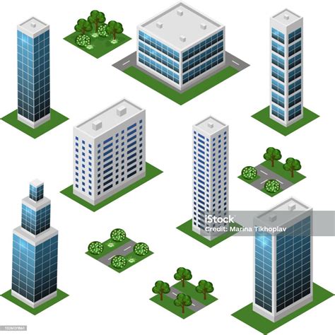 Ilustración De Conjunto Isométrico De La Ciudad Moderna Gran Edificio