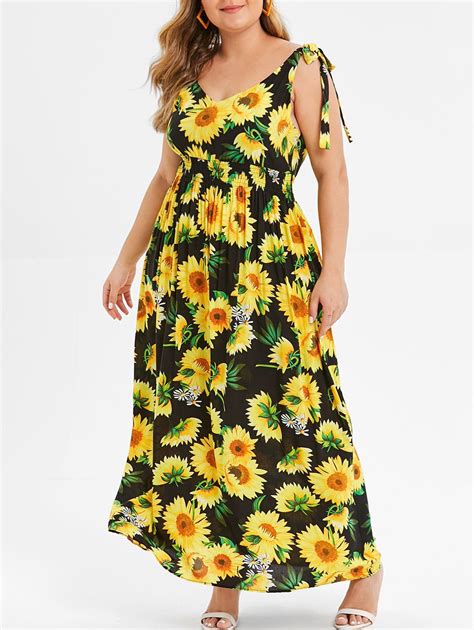 [32 Off] 2021 Plus Size Tie Shoulder Sunflower Print Maxi Dress In