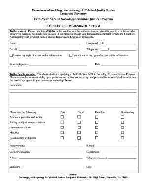 Fillable Online Longwood Faculty Recommendation Form Longwood