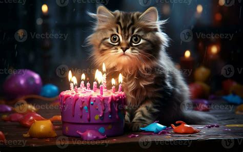 A charming cat wearing a festive hat and holding a birthday balloon, Generative Ai 29503224 ...