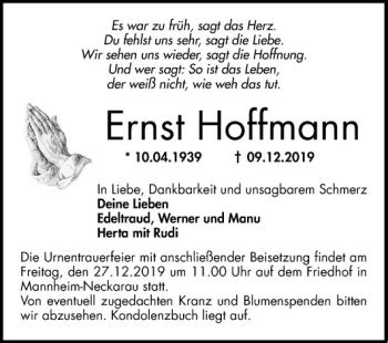 Traueranzeigen Von Ernst Hoffmann Trauerportal Ihrer Tageszeitung