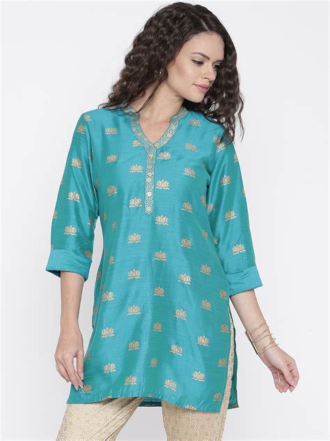 Buy Anouk Women Turquoise Blue And Gold Toned Printed A Line Kurti