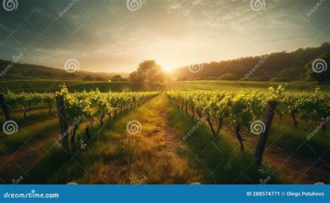 The Sun Is Setting Over A Vineyard In The Country Side Stock