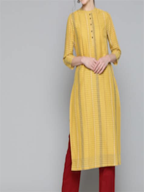 Buy HERE NOW Women Mustard Yellow Navy Blue Striped Straight Kurta