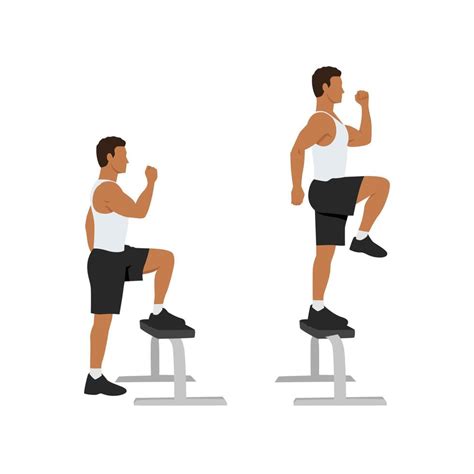 Man Doing Step Up With Knee Raises Exercise Flat Vector Illustration