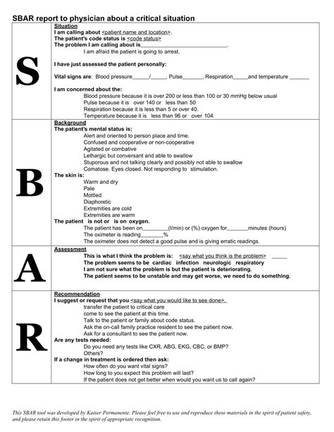 Free Printable SBAR Template For Nursing Business Blank Example