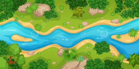 Cartoon Top View River Landscape With Green Trees Background, Scene ...