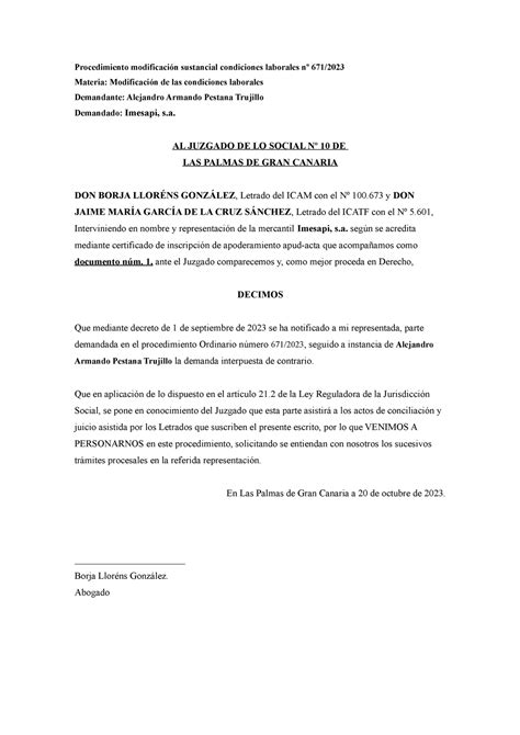 Escrito DE Personacion Laboral Procedimiento modificación sustancial