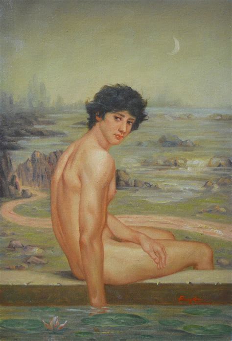 Oil Painting Male Nude And Lotus Painting By Hongtao Huang