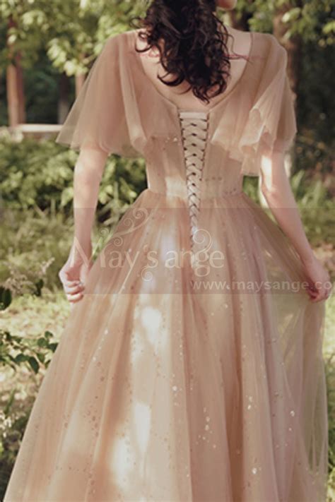 Nude Ceremony Dress In Tulle With Pretty Embroidered Bustier And Stylish Sleeves