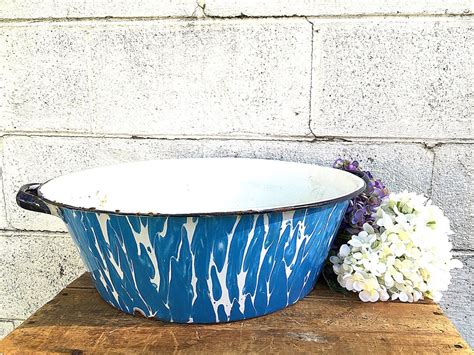 Enamel WASH BASIN Vintage Blue And White Swirl Enamelware Bowl Large