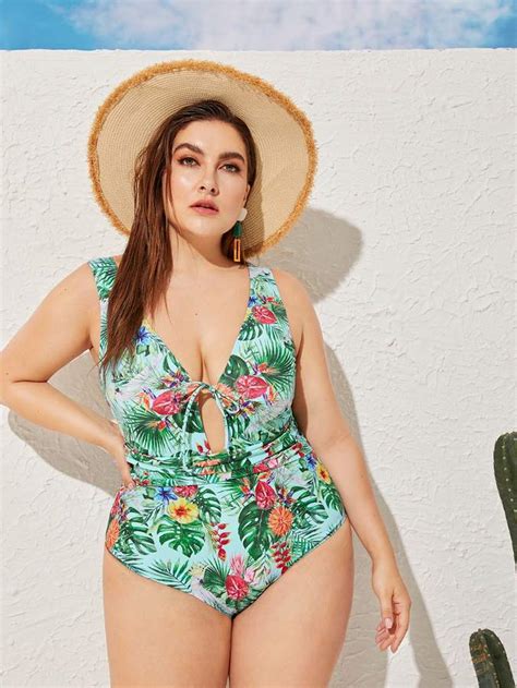 Plus Tropical Tie Front Plunge Monokini Plunge Monokini Monokini