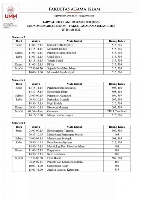 Jadwal Uas Semester Genap Program Studi Ekonomi Syariah