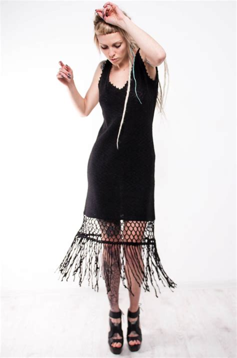 Crochet Dress Black Crochet Dress Small Black Dress Mini Lacy Fringe