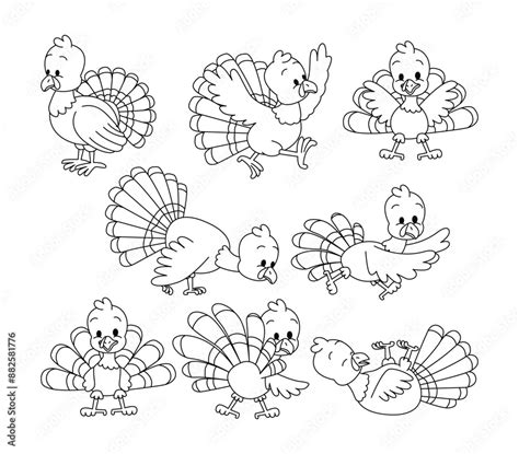 Set Of Turkey Doodle Collection Turkey Outline Coloring Page Or Book