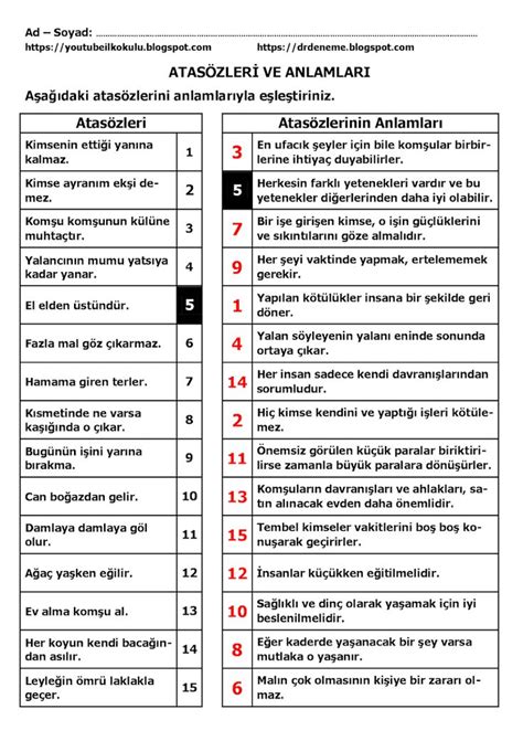 3 Sınıf Türkçe Cevaplı Atasözleri ve Anlamları Etkinliği