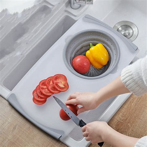 Multi Functional Over Sink Chopping Board With Collapsible Colander