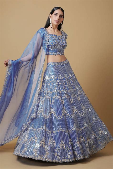 Buy Blue Organza Silk Embroidered Sequins Square Neck Bridal Lehenga