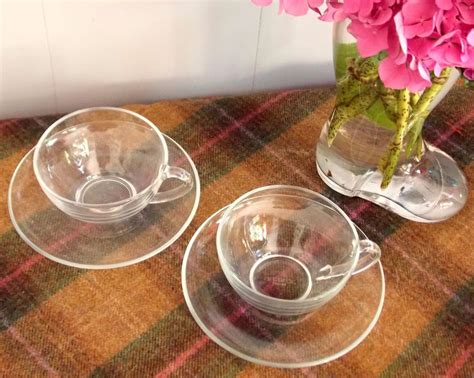 Vintage French Arcoroc Clear Glass Tea Sets Set Of 2 Cups And Saucers